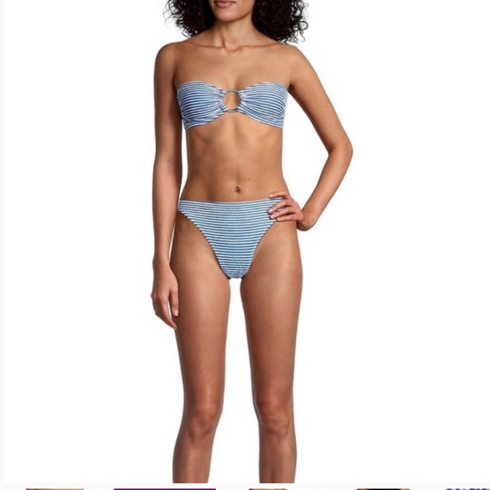 Solid and striped blue and white terry strapless bikini